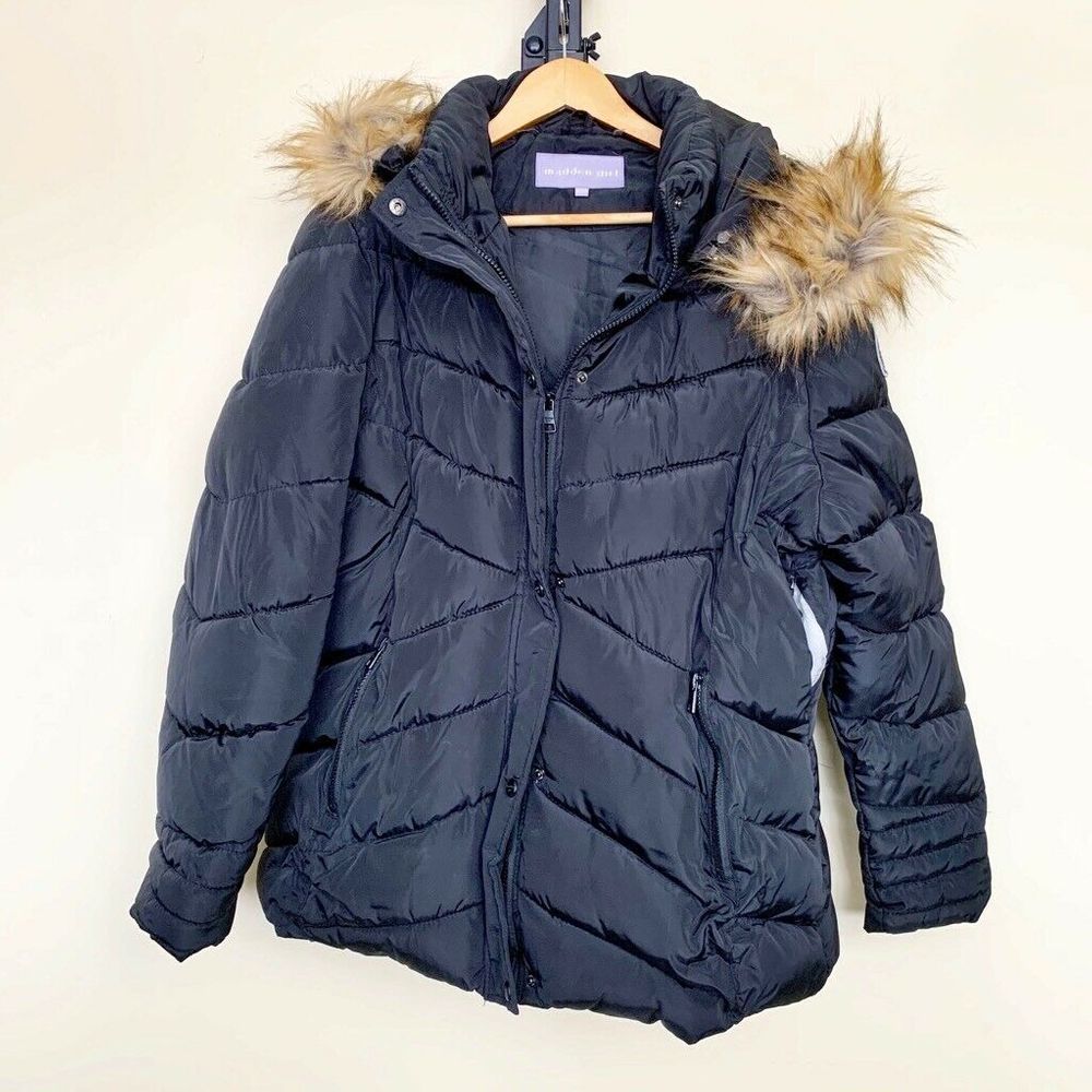 NEW Madden Girl Puffer Jacket Black Faux Fur Hood